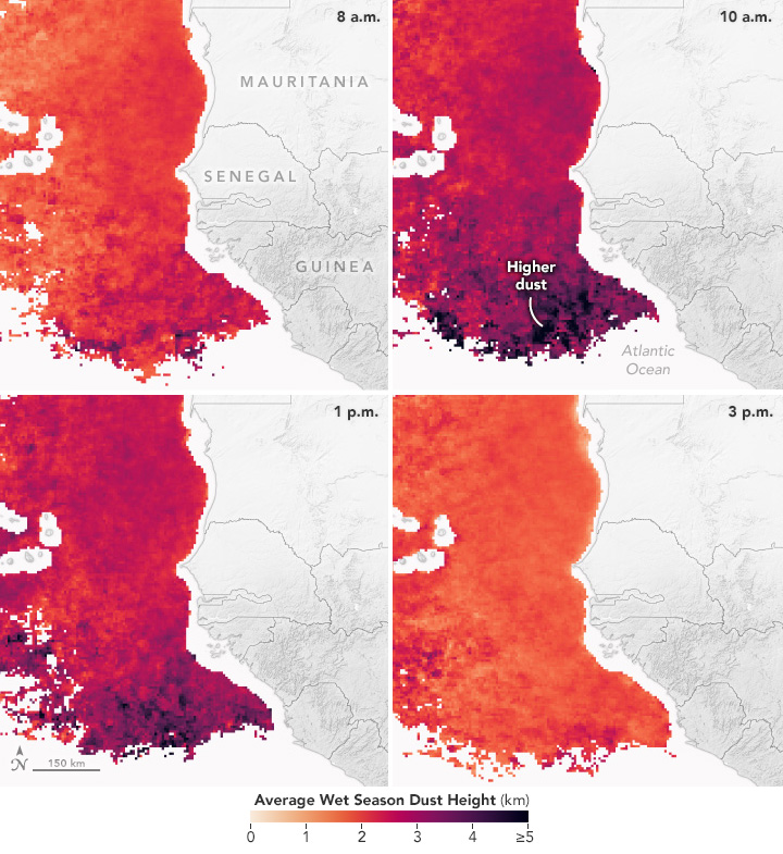 A data visualization broken into four sections shows maps of dust height over the Atlantic Ocean near West Africa. The maps depict dust height at four times: 8 a.m., 10 a.m., 1 p.m., and 3 p.m. The data were collected during the May-to-October wet season from 2015 to 2019.

 The maps show higher dust heights at 10 a.m. and 1 p.m. During that time frame, daytime convection and winds lift dust to heights of about 5-7 kilometers (3-4 miles) as sunlight heats the water and clouds bubble up. At 8 a.m. and 3 p.m., most dust was instead at heights of 1-2 kilometers.